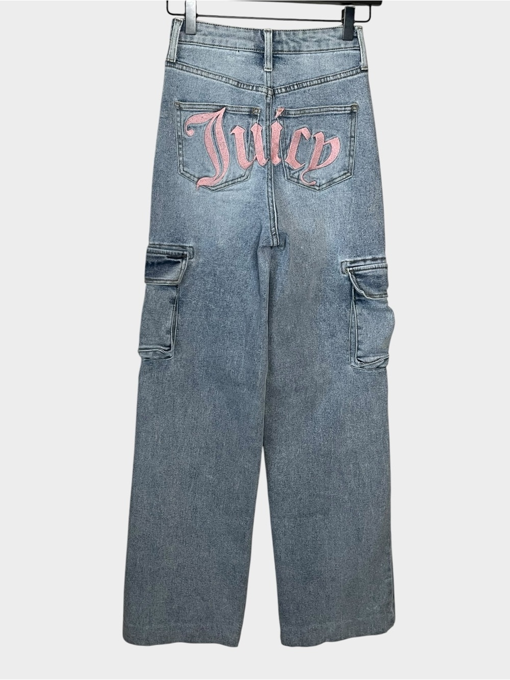 JUICY COUTURE Denim Cargo Wide Leg Jeans Pink Logo Size 0 Y2K - Picture 3 of 7